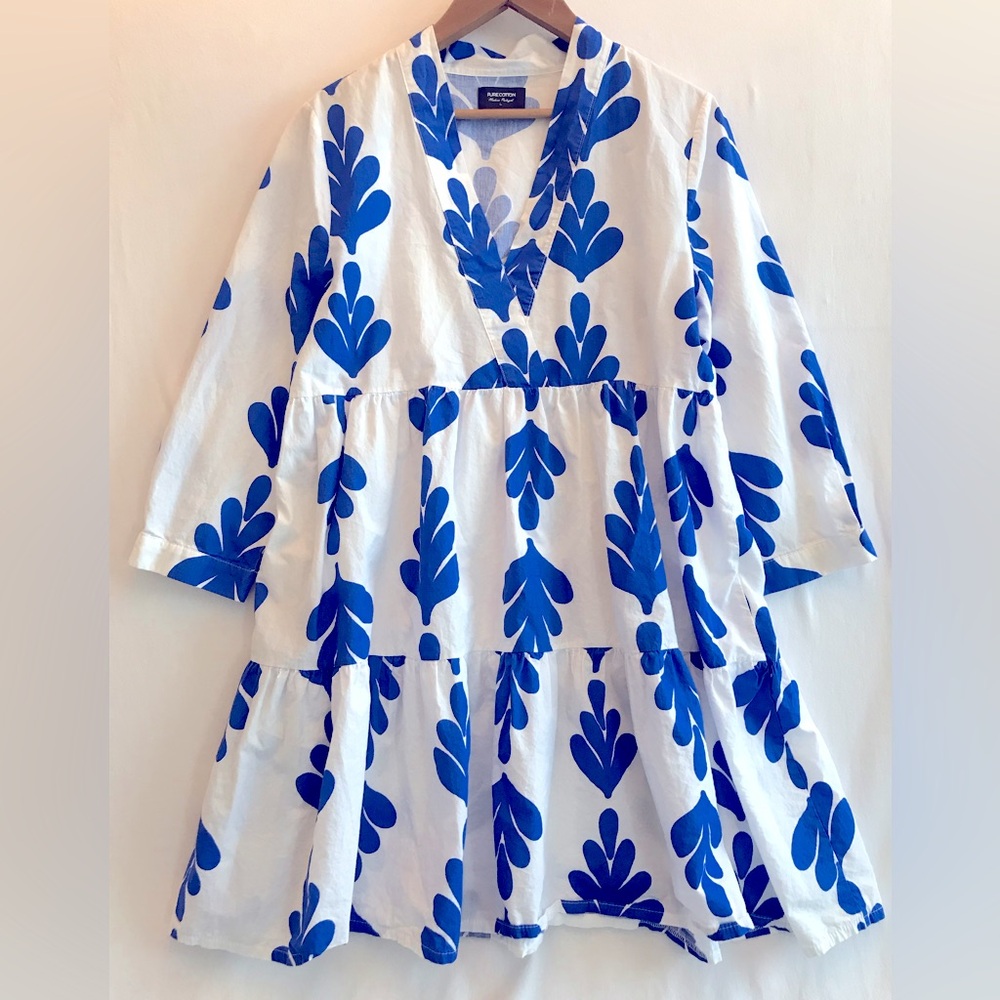 Pure Cotton 100% Cotton Empire Waist Dress Large Boho Beach Tiered Long Sleeve
